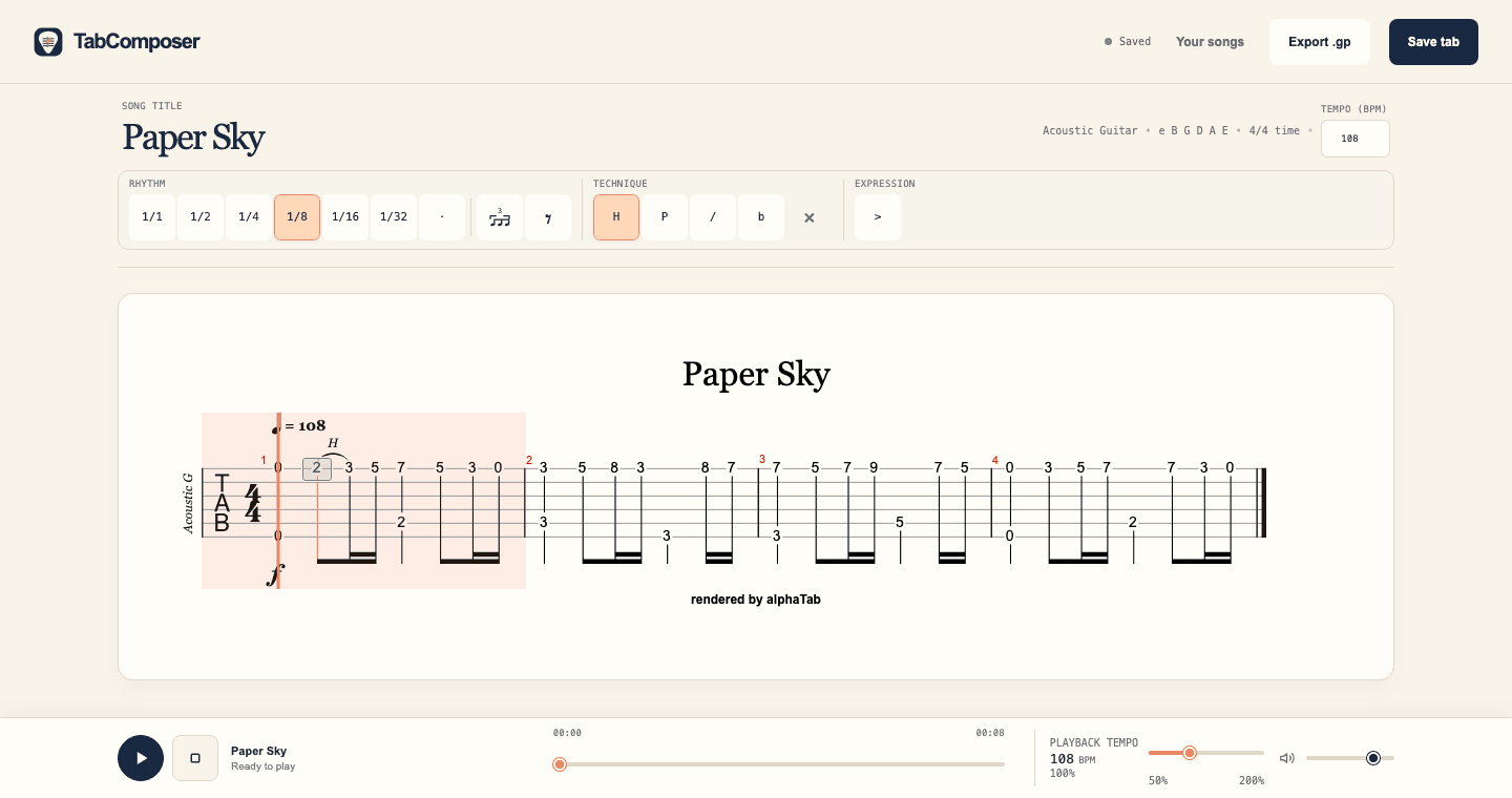 TabComposer editor showing a saved guitar tab, score-writing tools, and playback controls.