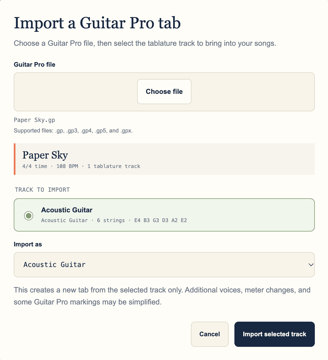 TabComposer Guitar Pro import dialog with a selected file and track, an instrument selector, and an import action.